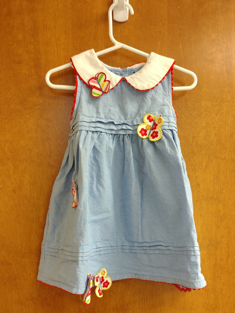 Youngland Chambray Dress with White Peter Pan Collar Red Trim And Butterflies